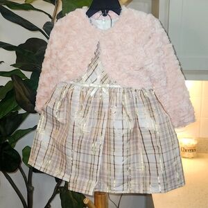 3 Piece Infant Girls Pink and Gold Sleeveless Dress with Shall and Diaper Cover